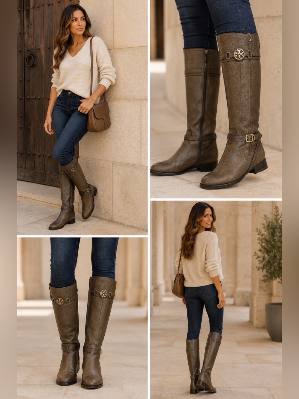 Tory Burch Teresa Pebbled Leather Riding Boots Logo Medallion Tall Knee High 6.5